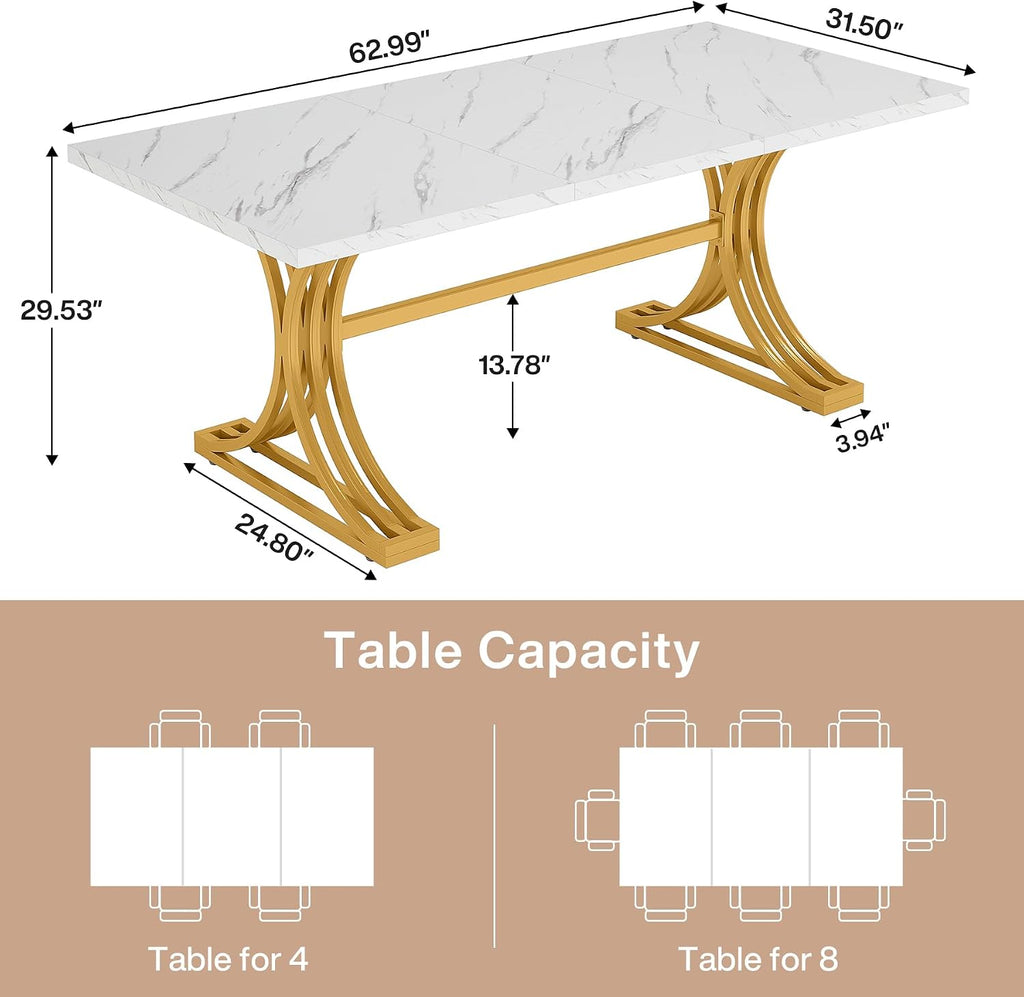 Tribesigns 63-Inch Rectangular Dining Table for 4 to 6, Modern Kitchen Tables with Stylish Metal Trestle Legs, Large Dinner Tables for Dining Room, Only Table (White+Gold)