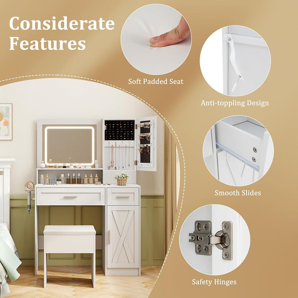 LOKO Farmhouse Vanity Set with Mirror & Lights, Dressing Table and Chair Set with 3 Lighting Modes & Adjustable Brightness, Charging Station & Hair Dryer Holder, Jewelry Cabinet, for Bedroom