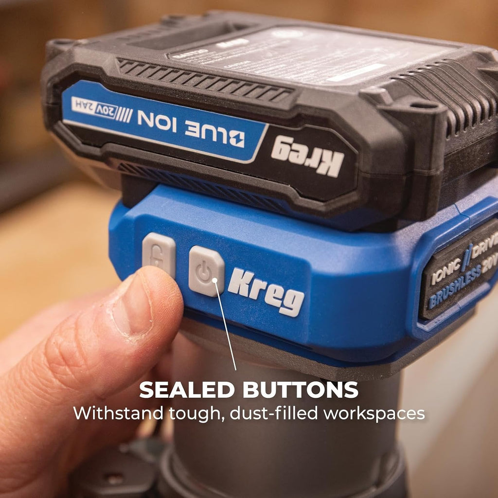 Kreg 20V Ionic Drive 1/4 Inch Trim Router, 20V Blue Ion Charger & Blue Ion 2Ah Battery Pack - Cordless Woodworking Tool - Micro-Adjustment Trim Tool - Dual LED Lights - KPTBRT025A