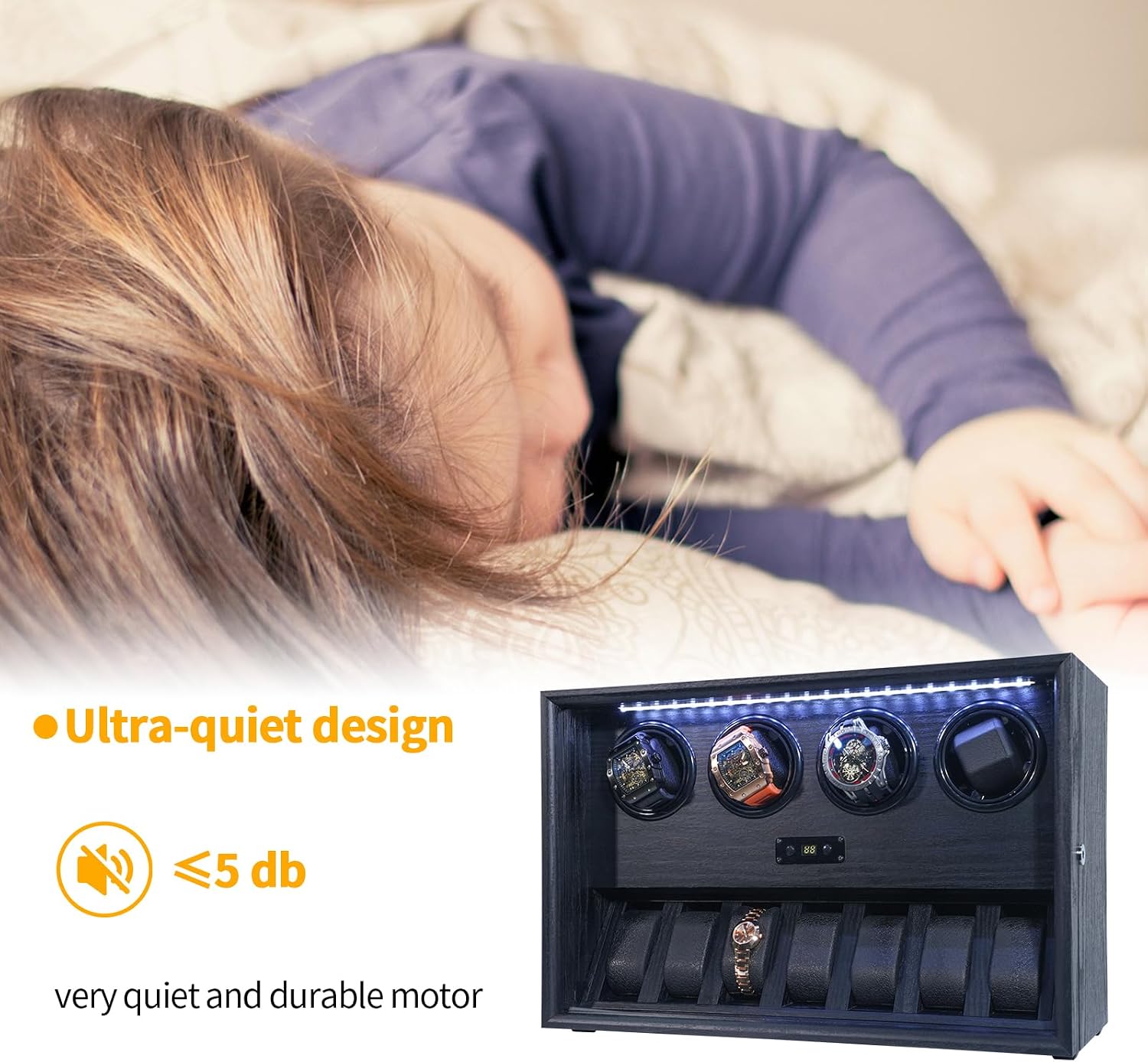 Watch Winder for 2/4/6/8 Automatic Watches, Watch Rotator for Rolex 15 Rotation Modes Display Box White Light, Watches Winder Case with USB-C Adapter, Present for Men Quiet Mabuchi Motor(≤5db)