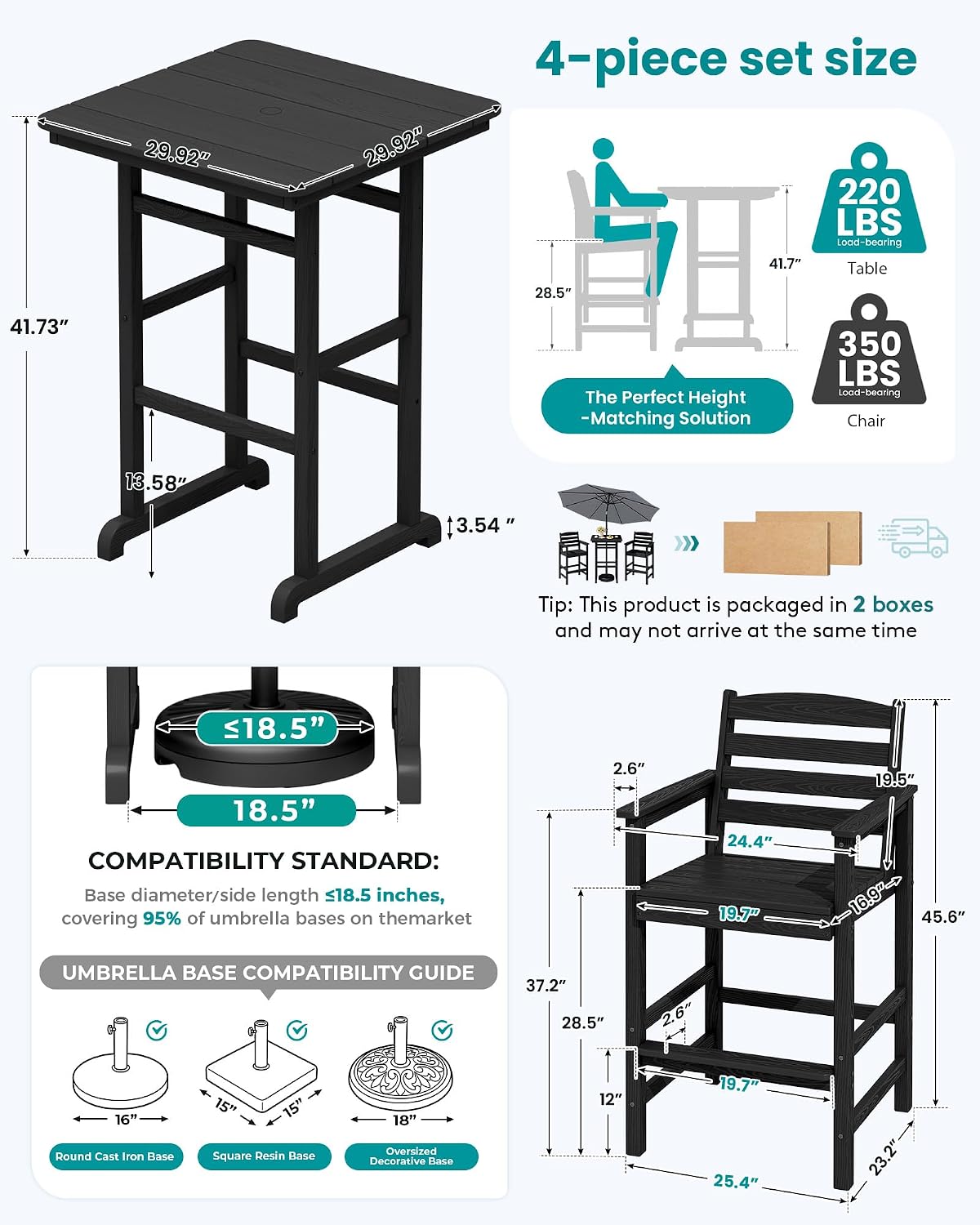 SERWALL 4 Pieces Outdoor Patio Bar Set with 9ft Umbrella, Outdoor HDPE Barstool and Table Furniture Set with Patio Umbrella, Black