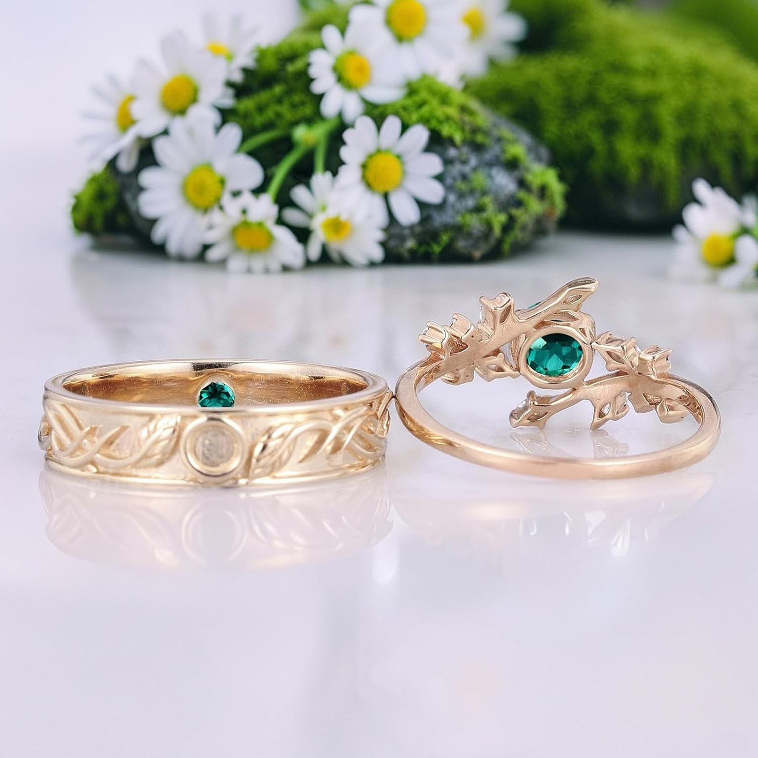 SISGEM Moissanite Couple Rings Set, 10K 14K 18K Solid Gold Moissanite Wedding Rings for Him And Her, Vintage Leaf/Branch Wedding Bands Matching Couple Rings Anniversary Jewelry Gift for Women And Men