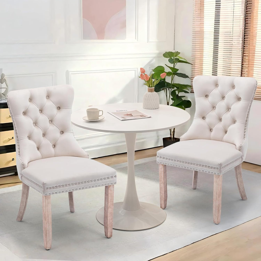 Dining Table and Dining Chair Set 31.5' White Round Table&2 Velvet Upholstered Wooden Legs Chairs for Kitchen Dining Room Small Space 3 Piece Dining Table and Chair Set（Beige）