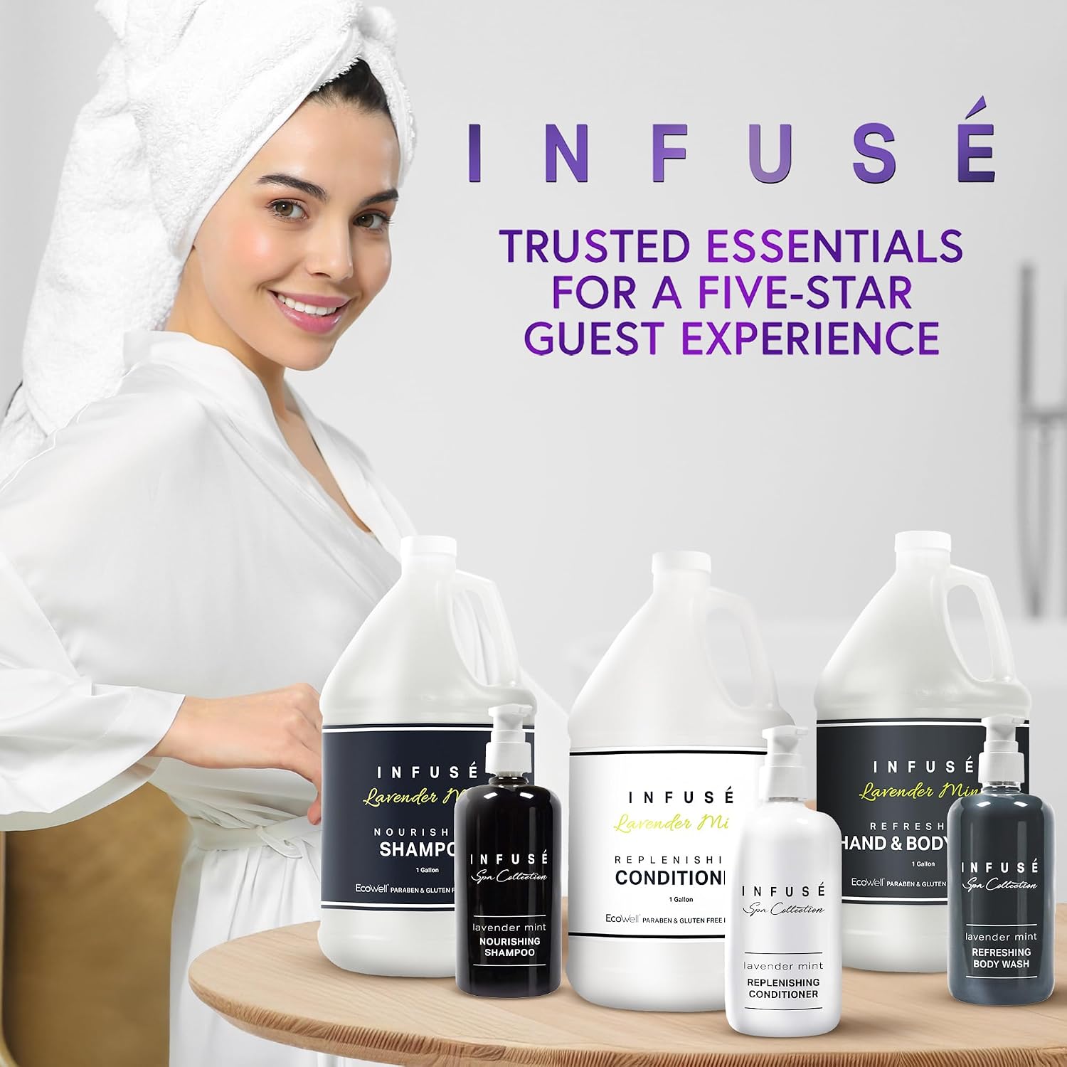 Infuse Lavender Mint Gallon & Dispenser Set | 1-Shoppe Amenities Kit | Shampoo, Conditioner, Body Wash | Refillable 10.14 oz Pump Bottles