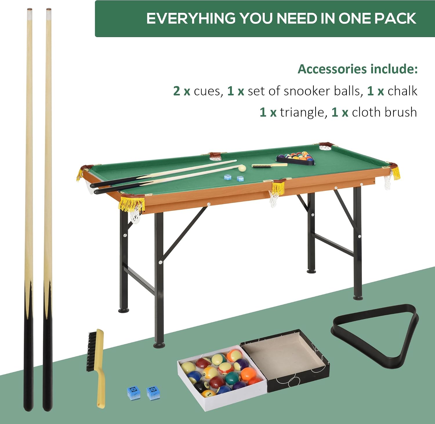 55' Portable Billiards Table with All Accessories, Foldable Pool Game Table for Whole Family Number Use with Cues, Ball, Rack, Chalk - Green