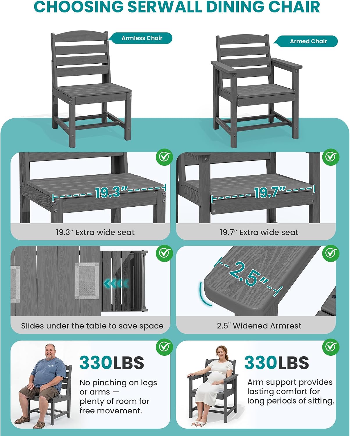 SERWALL Patio Dining Sets for 10 Person, HDPE Dining Set with 2 Tables, 8 Armless Chairs and 2 Armed Dining Chairs, Gray
