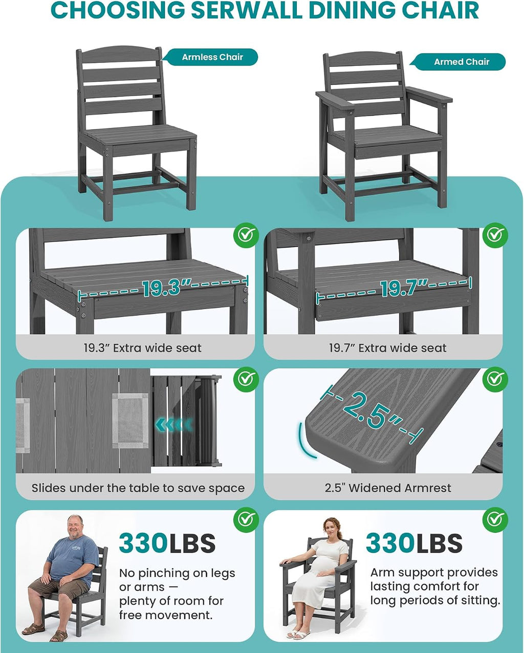 SERWALL Patio Dining Sets for 6 Person, HDPE Dining Set with 6 Armless Chairs, Gray