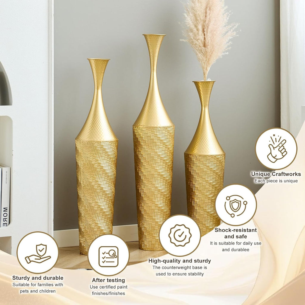 Set of 3 Gold Metal Floor Vases, Handcrafted Hammered Tall Decorative Vases, Rustproof Iron Large Floor Vases for Living Room, Entryway, Pampas Grass & Dried Flower Arrangement