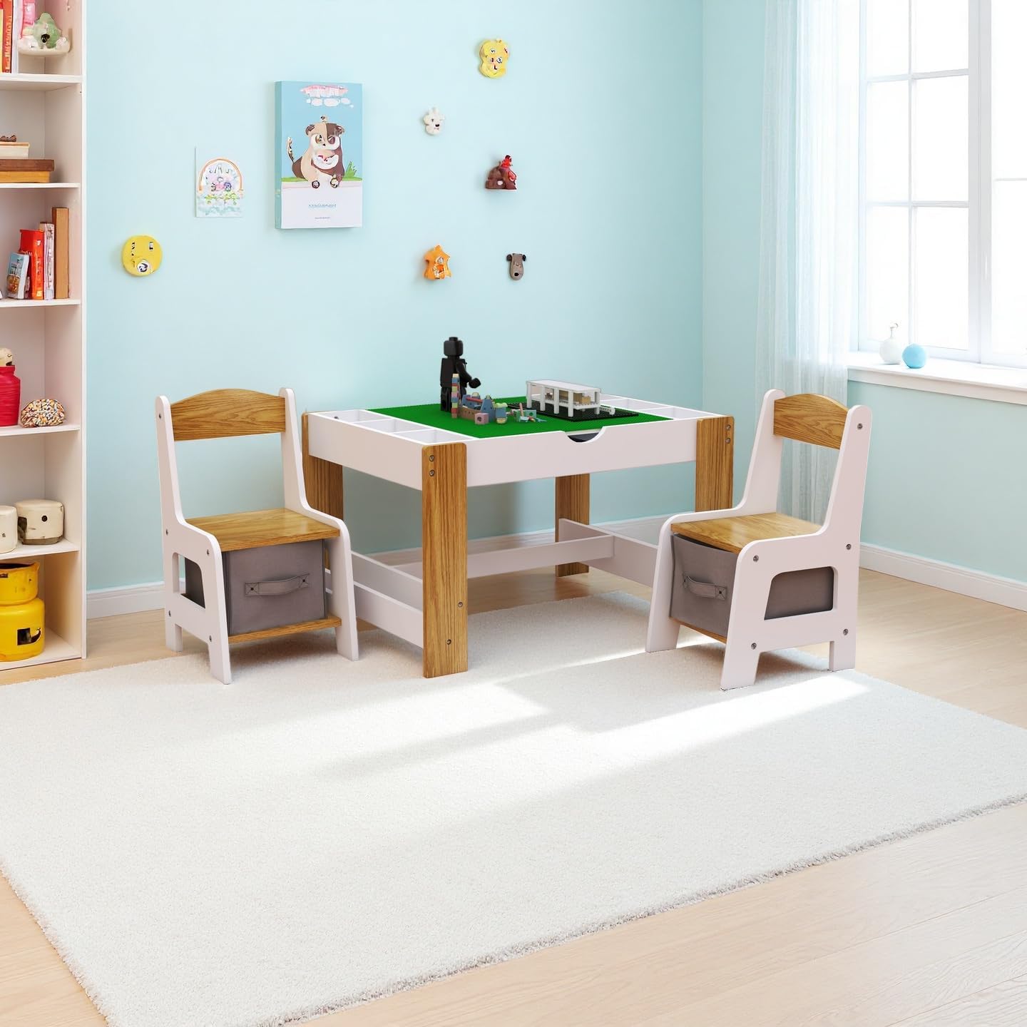 3 in 1 Play Table & 2 Chairs Set, Gaming Table with 7 Storage Compartments Compatible with LEGO Building Block, Modern Activity Learning Table Game Furniture, White+Green