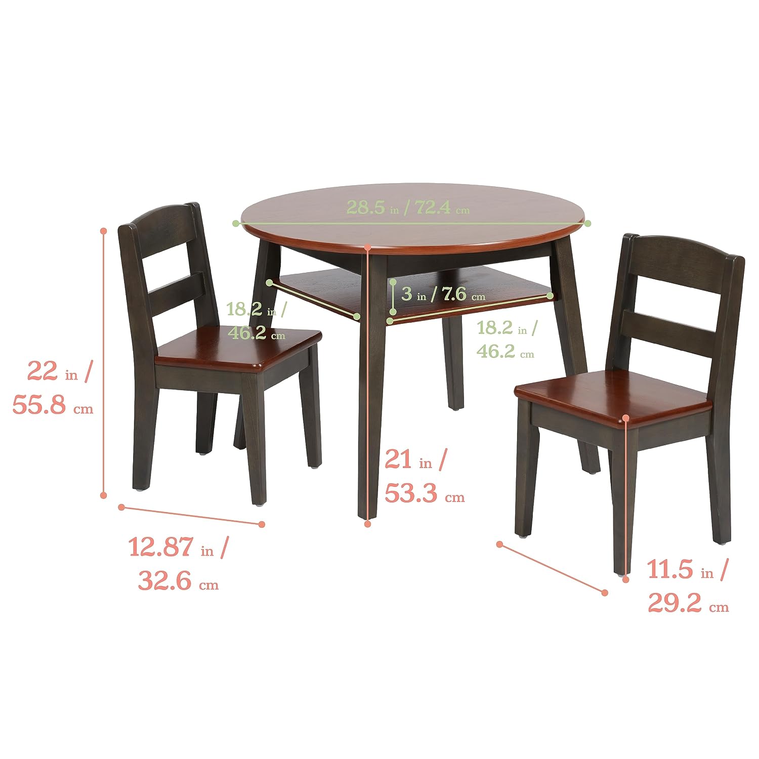 ECR4Kids Hideaway Table and Chair Set, Kids Furniture, Dark Walnut/Grey Wash, 3-Piece