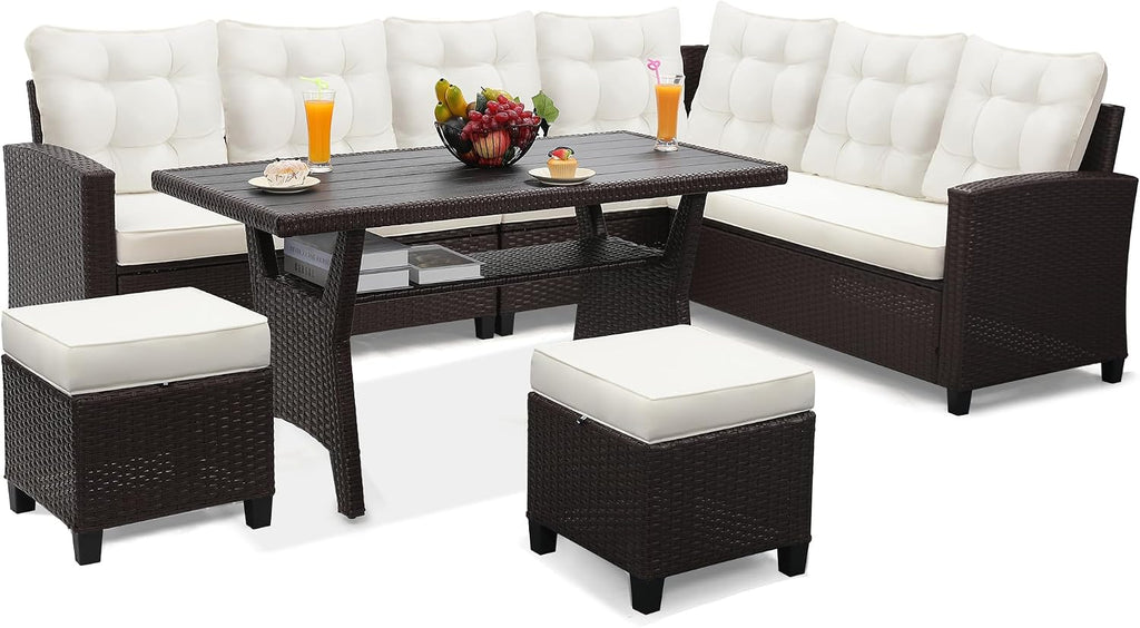 KROFEM 6-Piece Patio Furniture Set, Outdoor Sectional Sofa with Dining Table & Chairs, All-Weather Dining Set with Removable Cushion Covers, Ideal for Garden, Porch, Backyard, White
