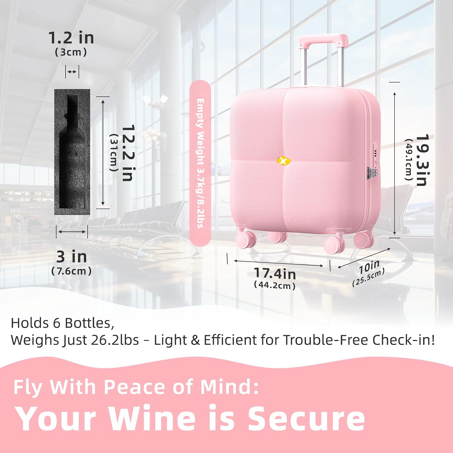 Wine Suitcase - 6 Bottle Travel Case with TSA Lock, Removable Inserts and Silent Spinner Wheels