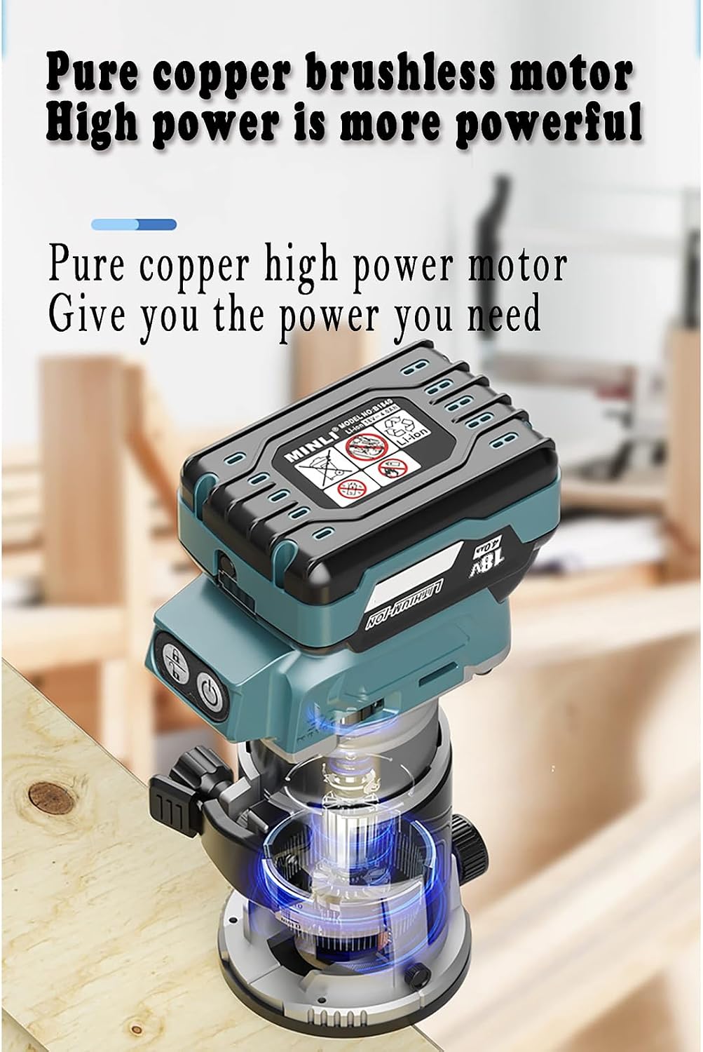 Brushless Lithium Battery Edge Trimmer, Portable Woodworking Router Slotting, with Cylindrical and Inclined Base, 5 Levels Adjustable, for Wood Working Slotting, Trimming, Carving