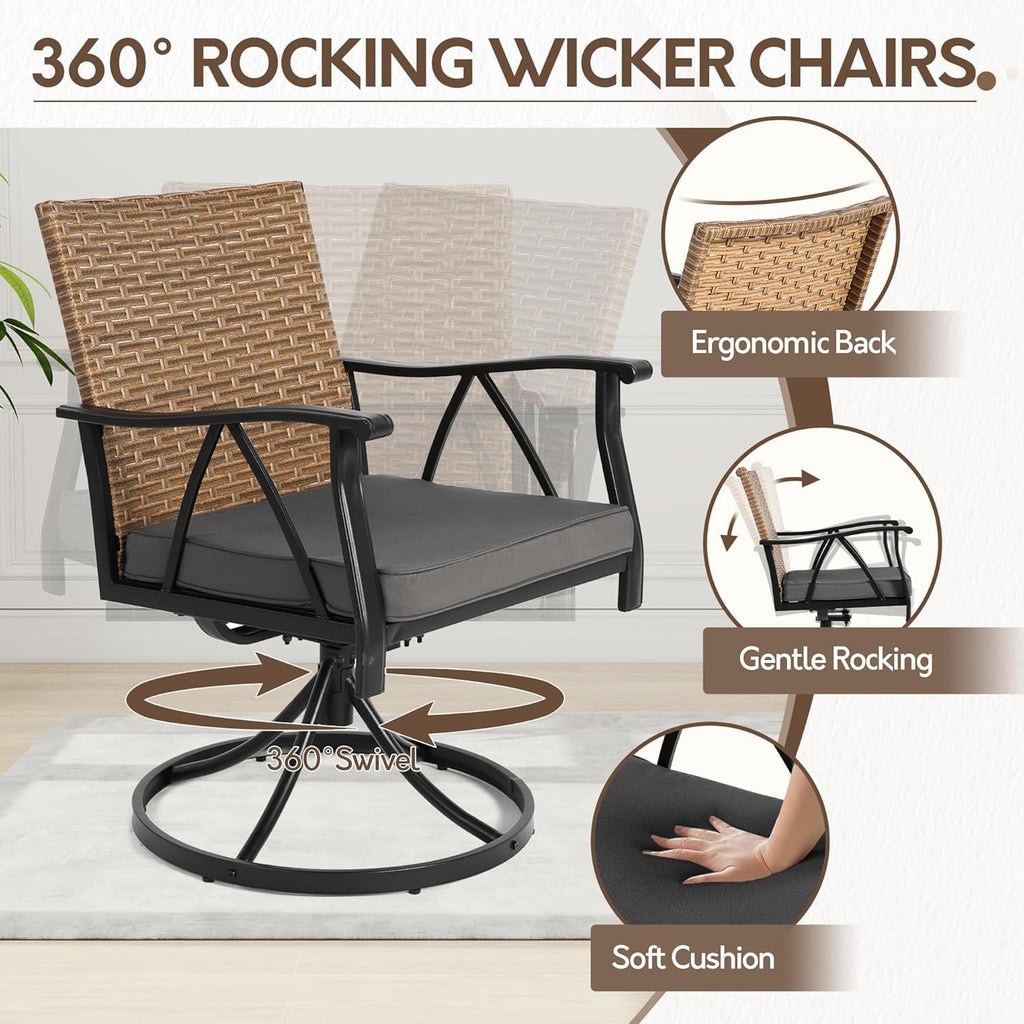 5-Piece Patio Dining Set for 4，Outdoor Dining Set with Wicker Swivel Patio Dining Chairs with Cushions & 1 Black Square Woodgrain Dining Table with 1.75'Market Umbrella Hole, Black & Brown