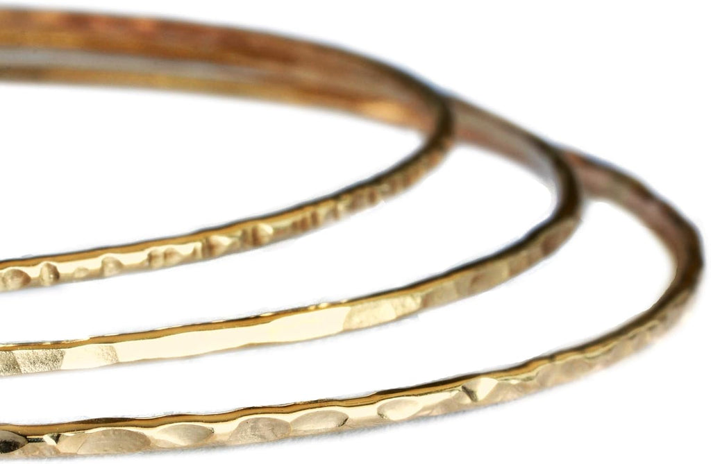14k gold filled Bangles hammered slip on set of 3 textures, Mu-Yin Jewelry Handmade in USA