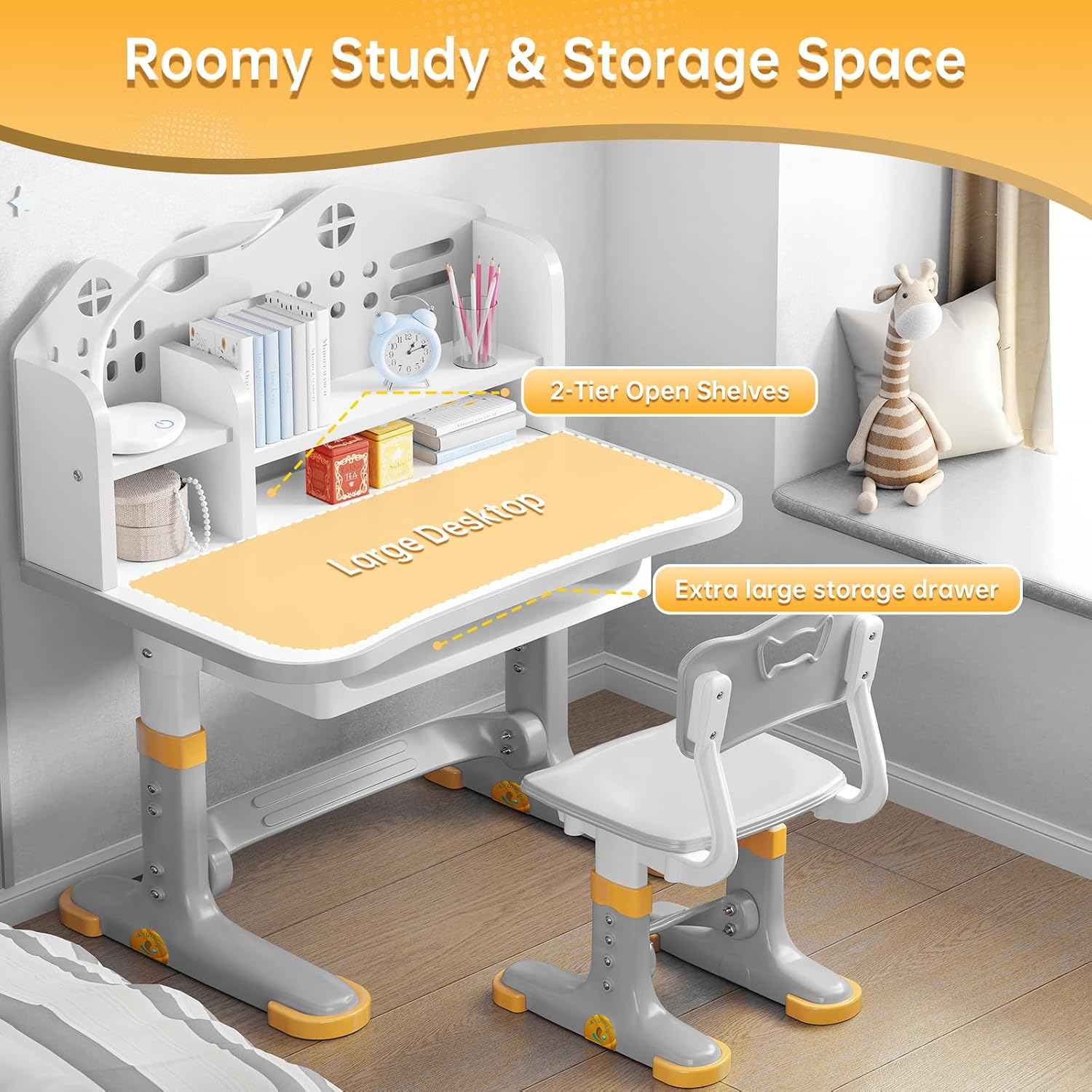 Kids Desk and Chair Set, Height Adjustable Child's School Study Writing Tables, Kids Desk with Bookstand and Storage Drawer, Widened Desktop with Desktop for Boys and Girls (Gray-B)