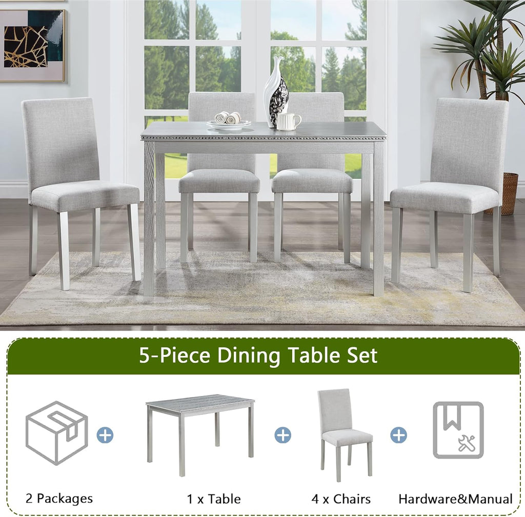 LUMISOL Dining Table Set for 4, 5-Piece Solid Wood Kitchen Table Set with 4 Upholstered Chairs for Kitchen, Dining Room, Home Bar, Grey