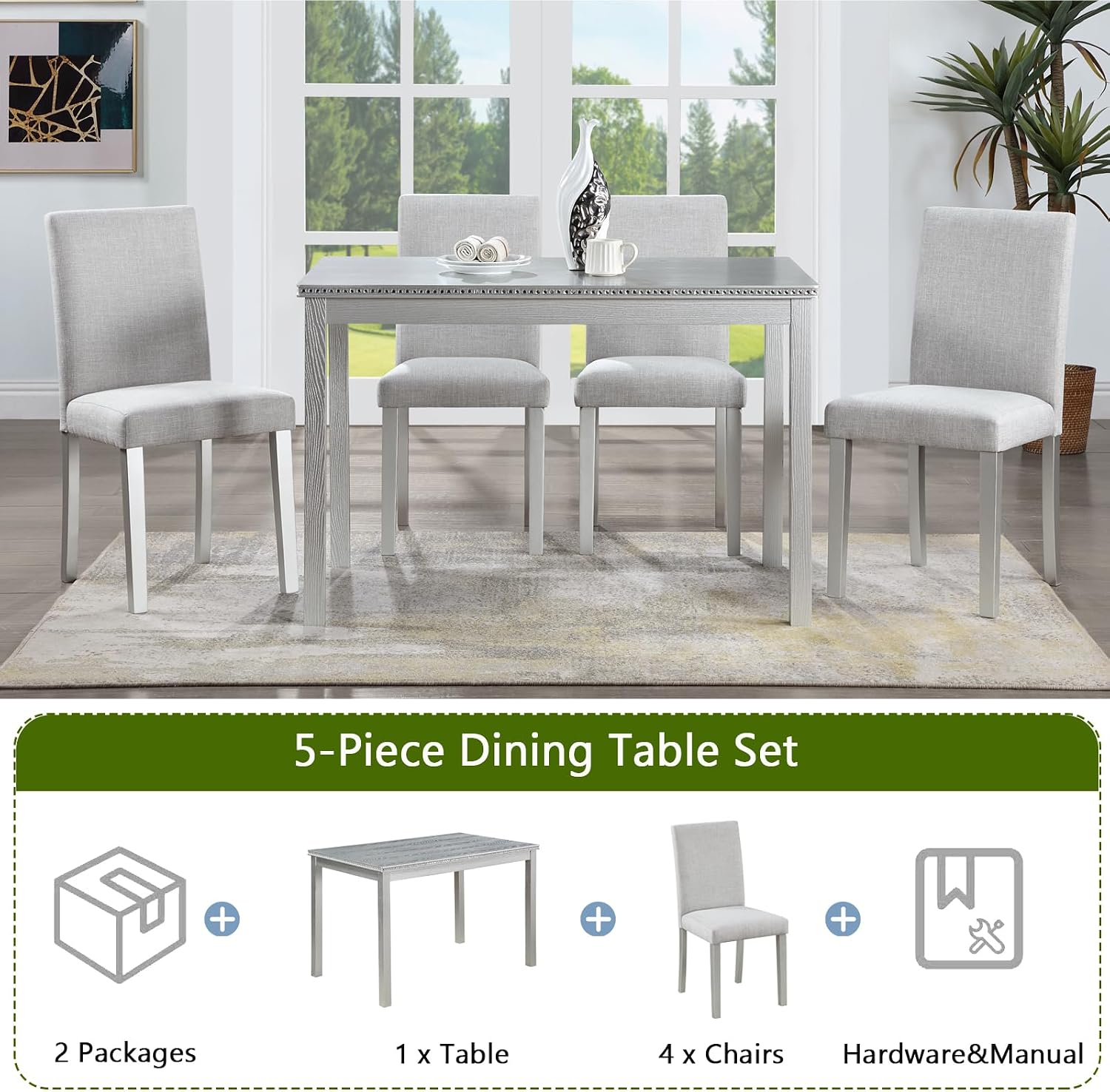 LUMISOL Dining Table Set for 4, 5-Piece Solid Wood Kitchen Table Set with 4 Upholstered Chairs for Kitchen, Dining Room, Home Bar, Grey