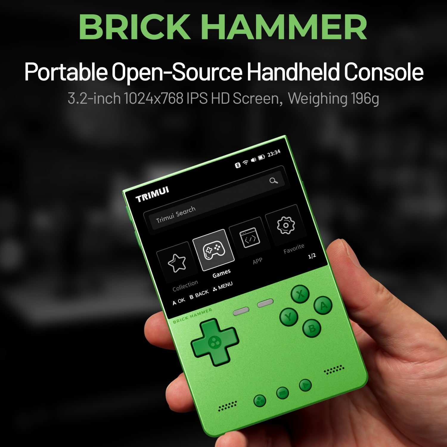 Trimui Brick Hammer Metal Body Handheld Game Console Retro Gaming Handheld 3000mah Battery Allwinner A133p 3.2' IPS RGB Lighting Vibration Green-64G