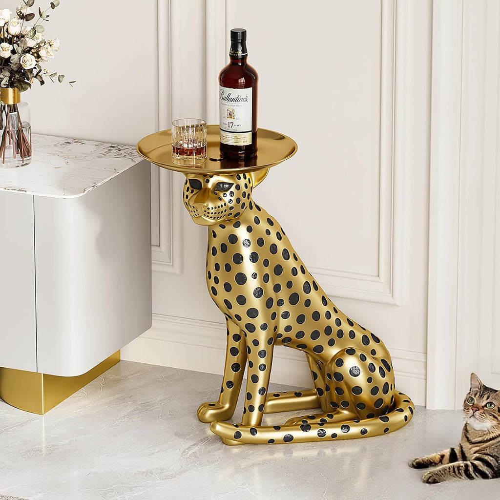 homary Animal Side Table with Tray Top– Gold Leopard Statue Panther Figurine End Table Art Decor for Home & Gifts