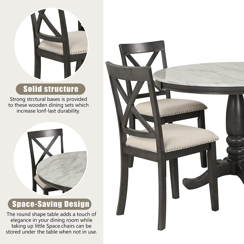 LUMISOL 5-Piece Dining Table Set, Faux Marble Round Dining Table Set with Chairs for 4, Wood Kitchen Dining Room Table Set for Small Space, Sturdy Support, Muddy Gray