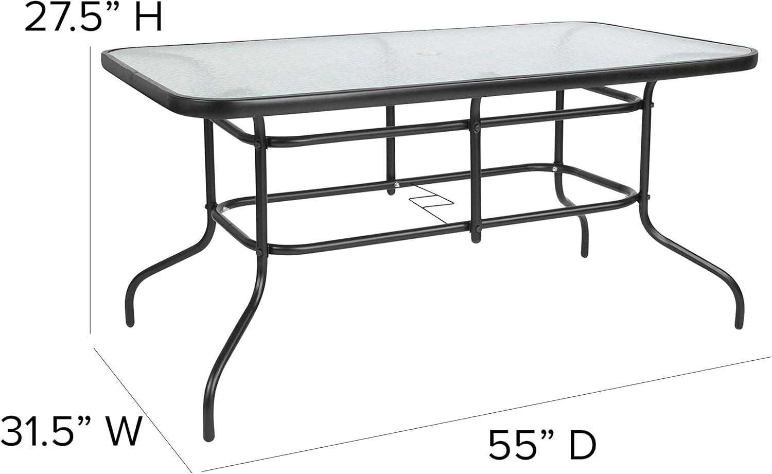 Flash Furniture Tory 31.5' x 55' Rectangular Tempered Glass Metal Patio Table with Umbrella Hole, Modern Rippled Glass Outdoor Dining Table, Black