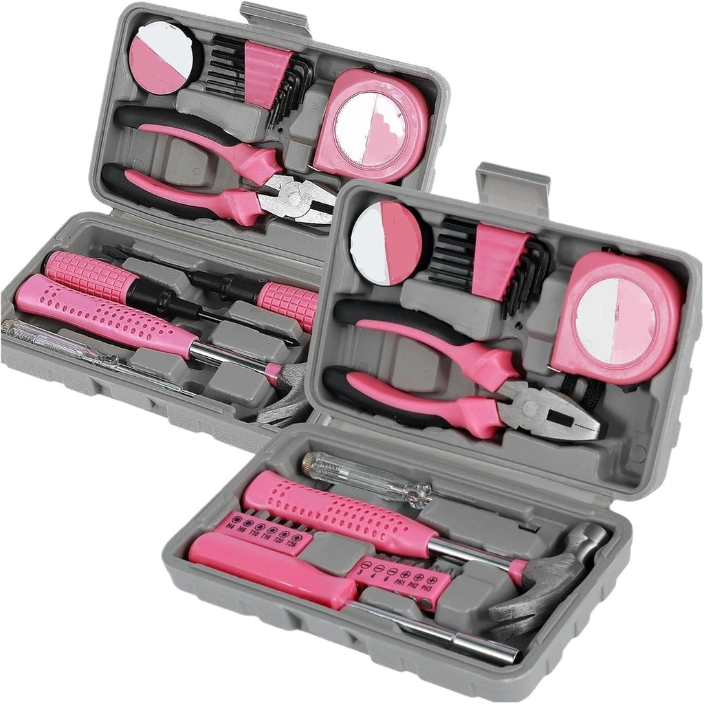 13/24Pcs Household Repair Tool Kit Multi-Purpose Pink Hand Tool Set with Storage Case Hammer and Allen Key Set(13pcs)