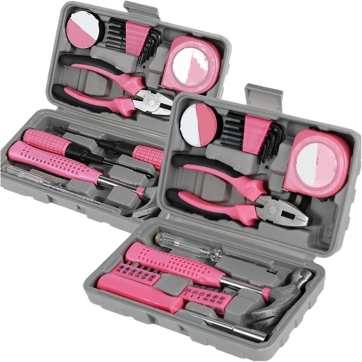 13/24Pcs Household Repair Tool Kit Multi-Purpose Pink Hand Tool Set with Storage Case Hammer and Allen Key Set(13pcs)