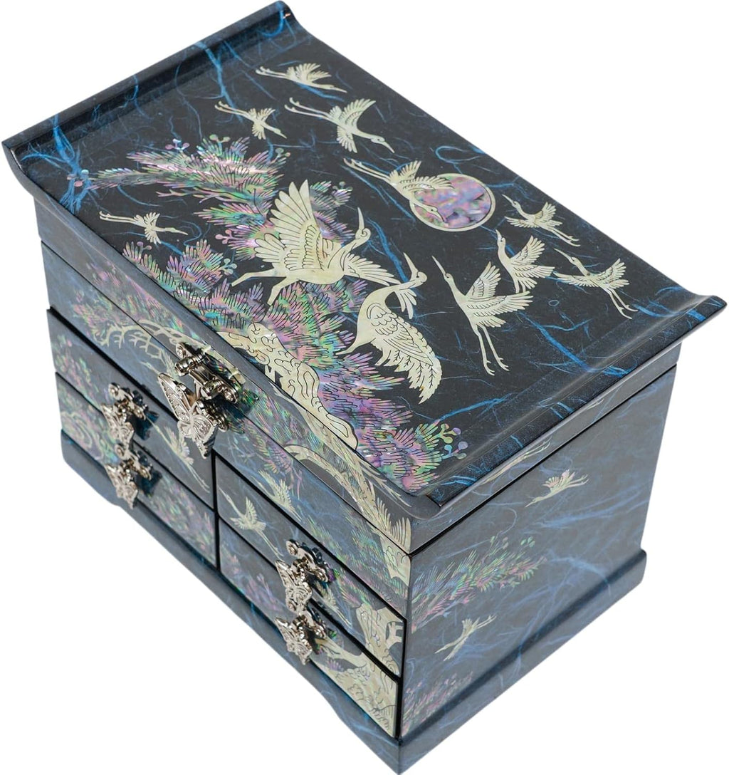 February Mountain Mother of Pearl Wooden Jewelry Organizer Box – Jewelry Storage Box for Women, Features Spacious Drawers, Ideal for Rings, Bracelets, Watches, Chains, Accessories (Crane_Blue)