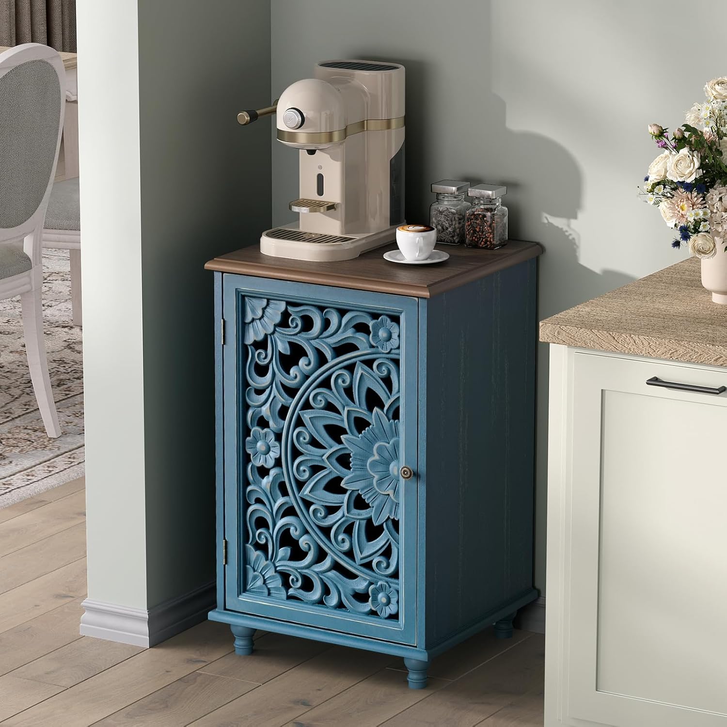 JOINICE Small Accent Cabinet with Carved Mandala Door,Storage Cabinet with Solid Wood Legs & Adjustable Shelf,Boho Distressed End Table for Living Room,Bedroom, Entryway Side Table(Blue & Walnut)