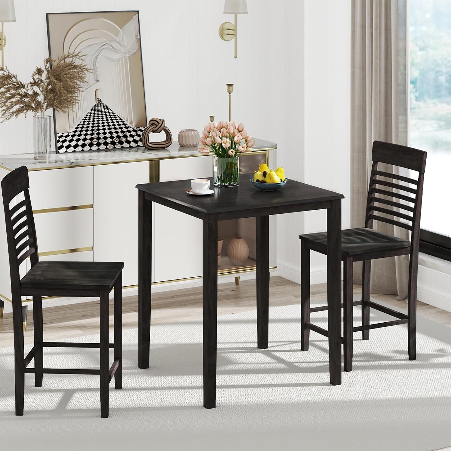 Giantex 5-Piece Dining Table Set for 4, Counter-Height Square Kitchen Table and Chairs Set with Rubber Wood Frame, Curved Back, Footrest, Bar Table Set for Small Place Dinette Breakfast Nook