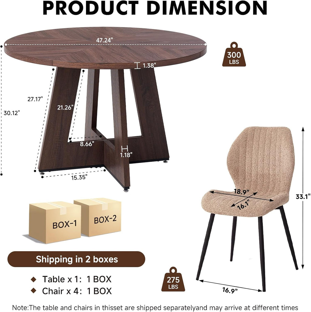 47' Round Dining Table Set for 4 with Chairs Kitchen Table and Chairs Set Mid-Century Modern Chair with Metal Leg for Apartment Living Room(Walnut Table with 4 Brown Chairs)