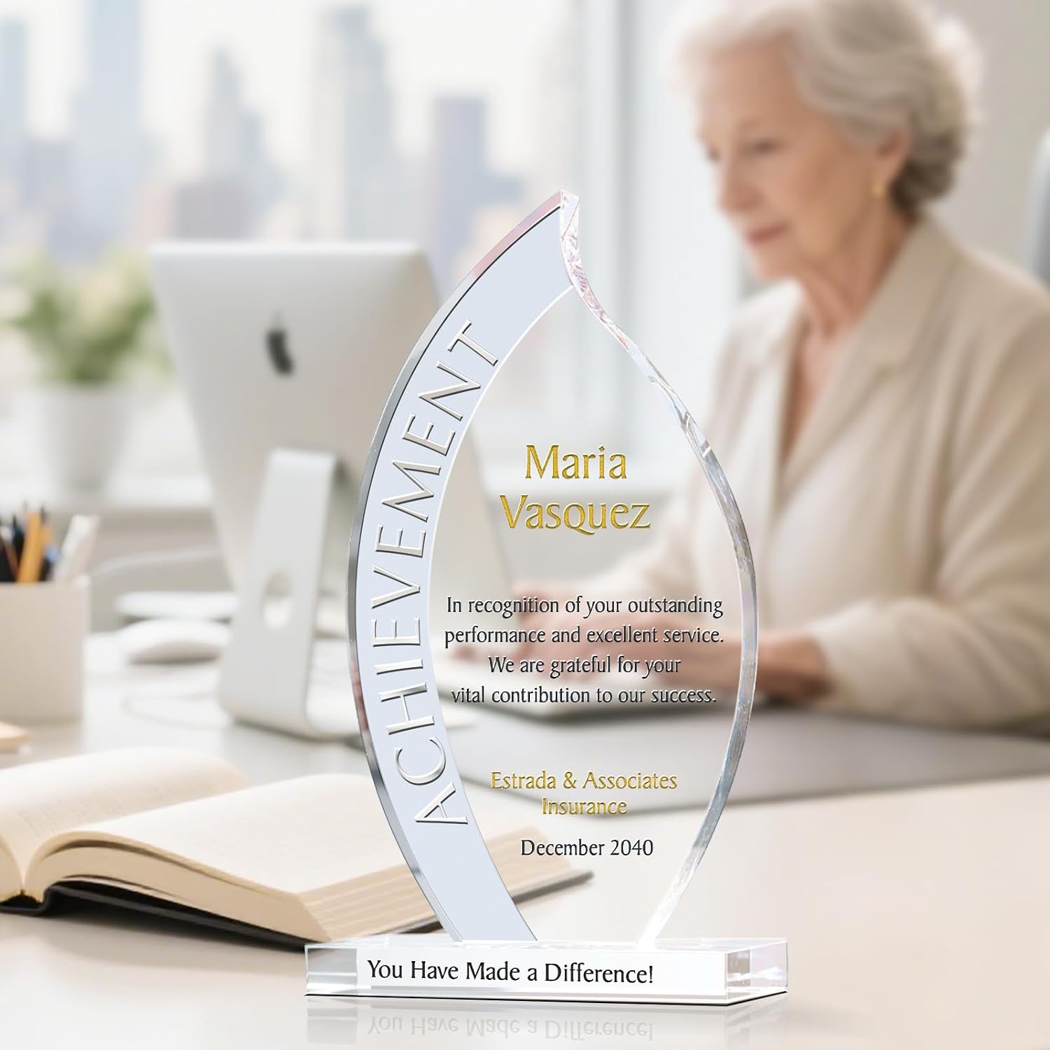 Crystal Flame-Shaped Personalized Achievement Award Trophy – Custom Engraved Glass Plaque for Employee Recognition, Retirement, Appreciation, or Years of Service (Flame Plaque, 7.5' H)