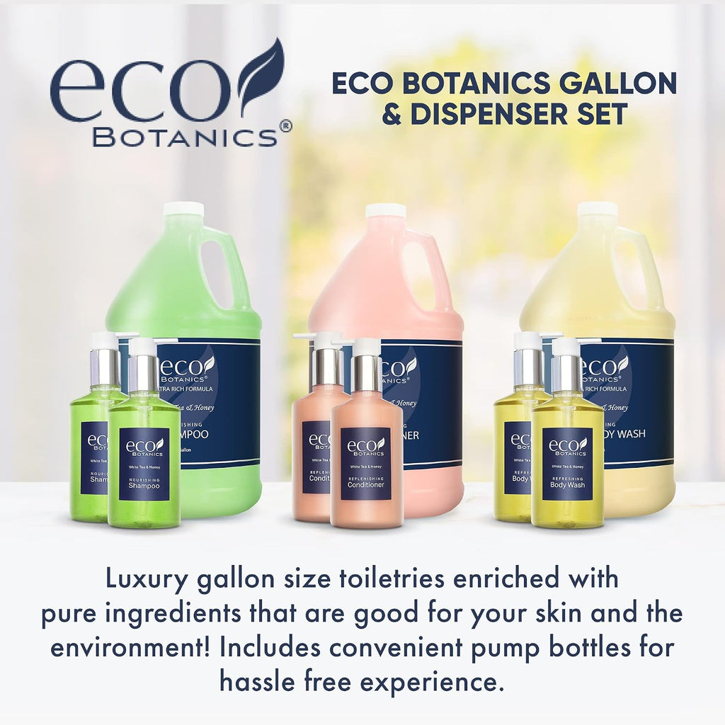 Terra Pure | Eco Botanics Gallon & Dispenser Set | 1-Shoppe Hotel Amenities Kit | Shampoo, Conditioner, Body Wash Gallon | Refillable 10.14oz Matching Pump Bottles