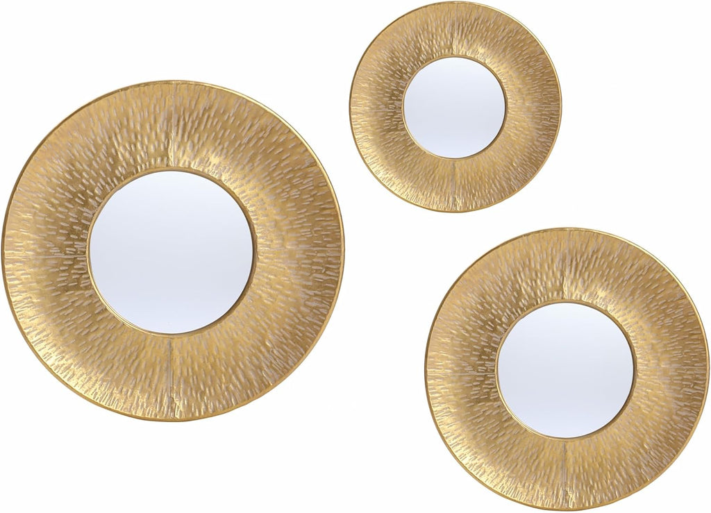 LuxenHome 3 Piece Gold Metal Round Wall Mirror Set Boho Wall Hanging Mounted Mirror,Rattan Mirror Suitable for Farmhouse, Living Room, Bedroom and Bathroom