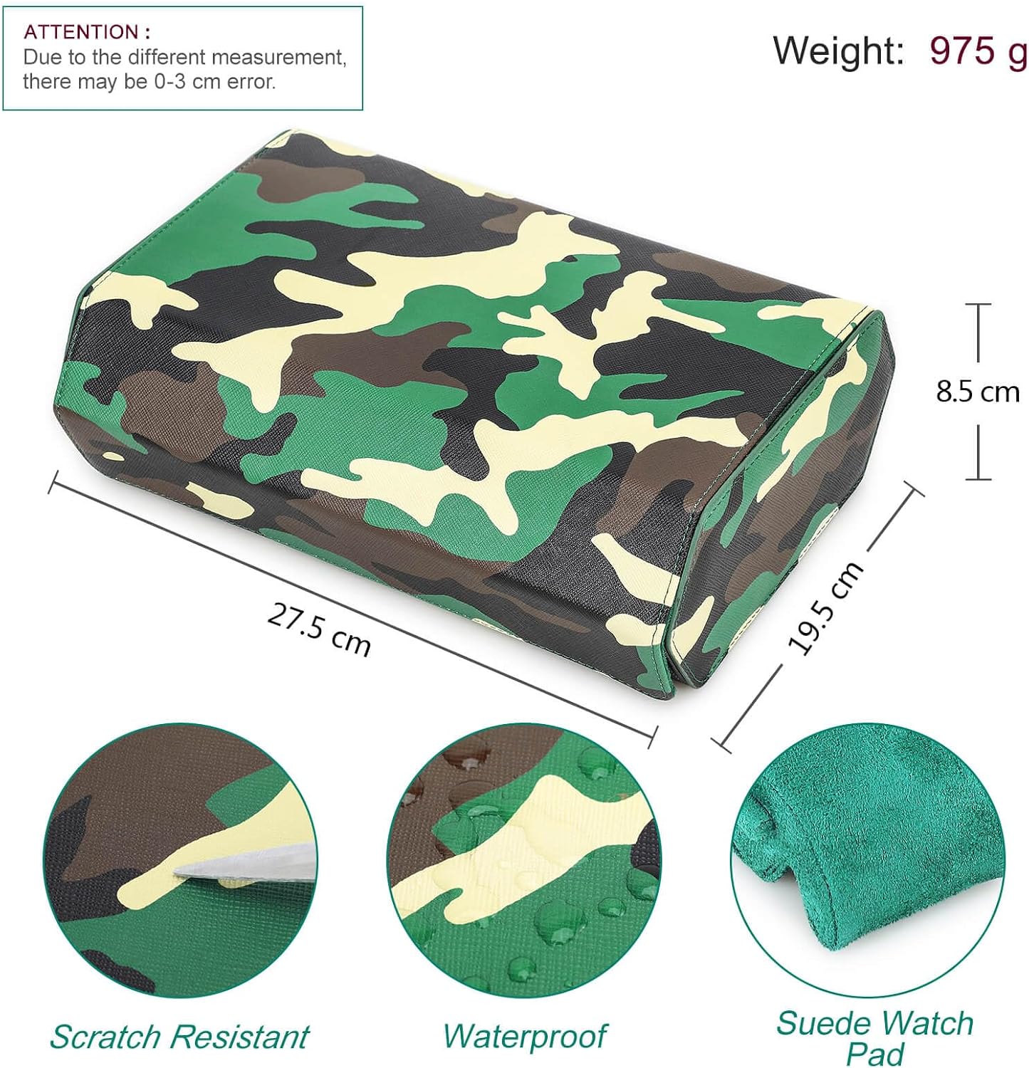 Hiram Genuine Leather Hexagon Watch Roll Travel Case, Military Camouflage Leather 8-Watches Roll Case with Removable Pillow Cushion for Treasured Watches and Bracelets-Camouflage Green