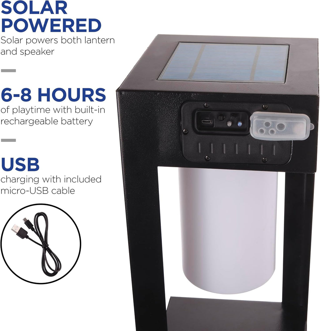 Alpine Corporation Outdoor Solar Metal Bluetooth 5.0 Speaker Plays 50 Foot Sound Range with Ground Stake and LED Lights, 24' H, Black