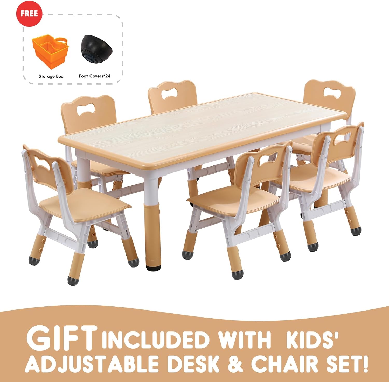 Kids Table and Chairs Set, Height Adjustable Desk With 6 Seats for Ages 3-12,Arts & Crafts Table,Graffiti Desktop, Non-Slip Legs, Max 300lbs, Children Multi-Activity Table for Classrooms,Daycares,Home