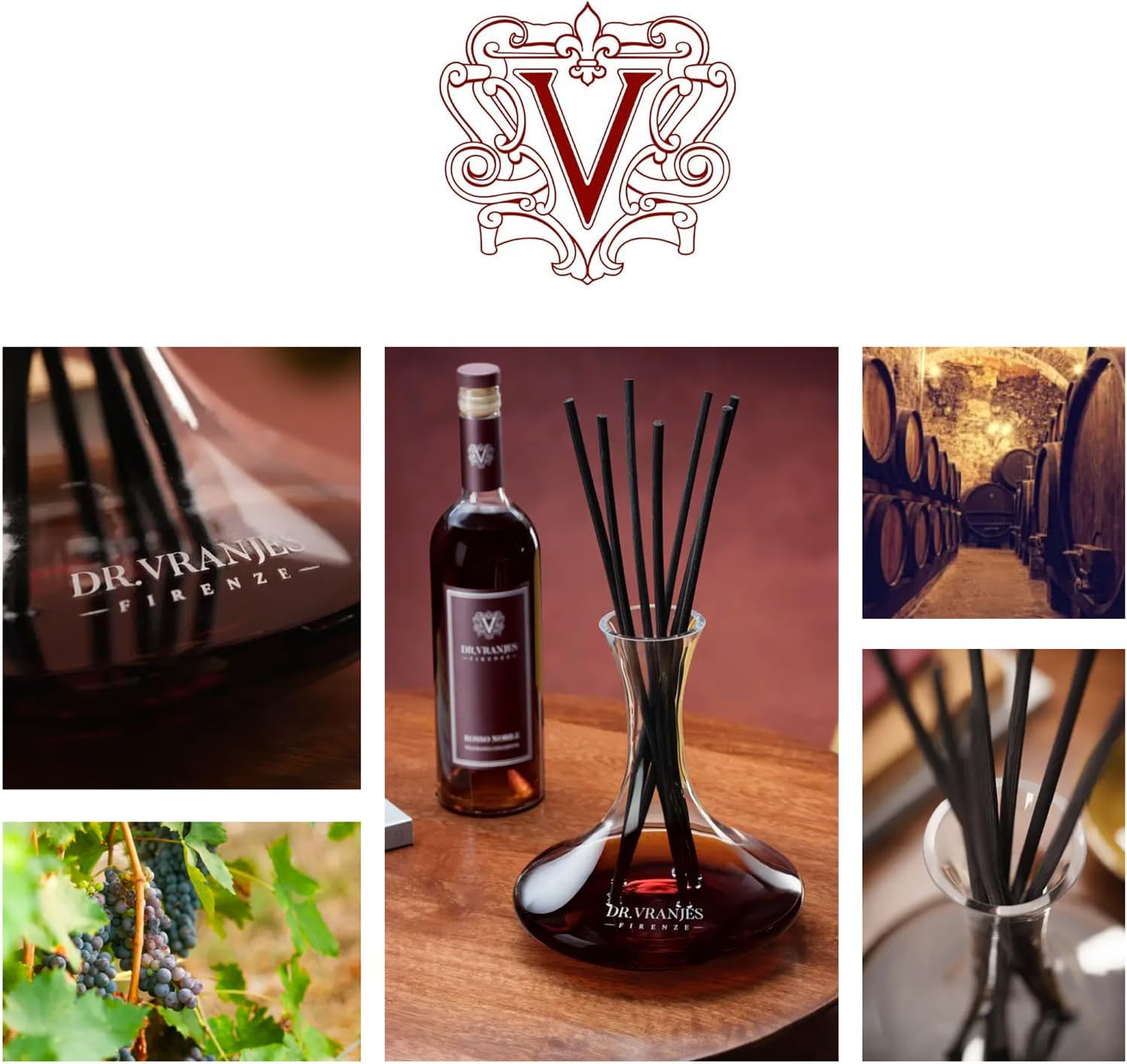 Dr. Vranjes - Rosso Nobile 750 ml Decanter & Bordeaux Bottle + Shopping Bag - Luxury Home Fragrance Set, Made in Italy, Main Scent: Fruity & Red Wine
