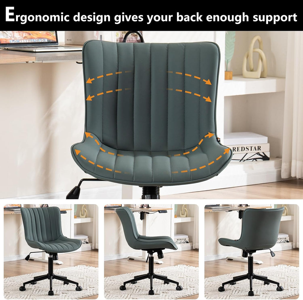 YOUNIKE Ergonomic Armless Office Chair Faux Leather Small Cute Desk Chair with 12° Rocking Back Adjustable Height Swivel Vanity Chair Compact Computer Rolling Task Chair for Small Spaces Greyish Green