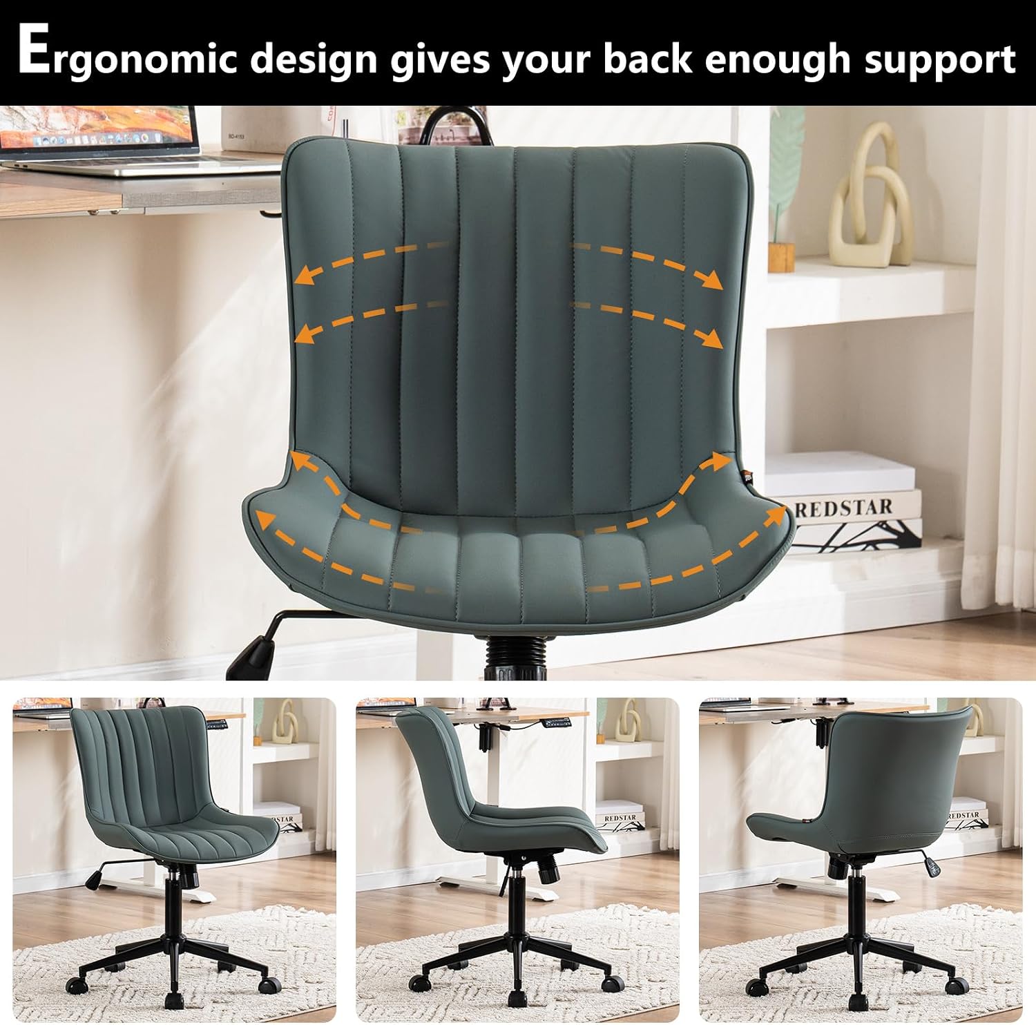 YOUNIKE Ergonomic Armless Office Chair Faux Leather Small Cute Desk Chair with 12° Rocking Back Adjustable Height Swivel Vanity Chair Compact Computer Rolling Task Chair for Small Spaces Greyish Green
