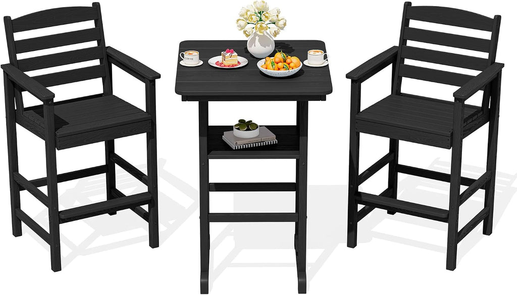 SERWALL Balcony Adirondack Chairs and Table 3 Pieces Set, Oversize Adirondack Bar Height Chairs Set of 2 and Bar Table, Outdoor Bar Stools Set, Black