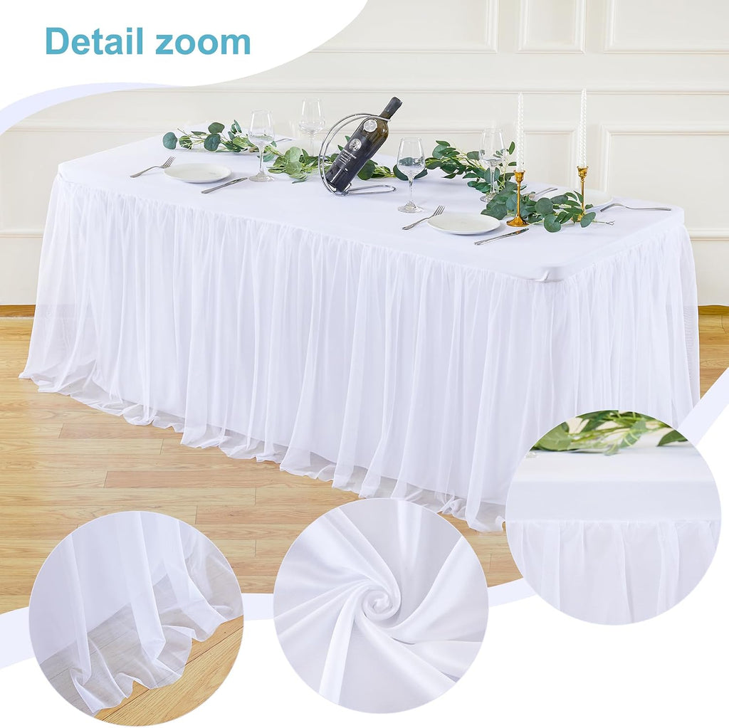 White Table Cloths 8 Foot Rectangle Stretch Ruffle Tulle Tablecloth Spandex Fitted Table Cover for 8 Foot Tables White Tulle Table Skirts Rectangle Tables 8ft Elastic Party Wedding Table Cloths 4Pack