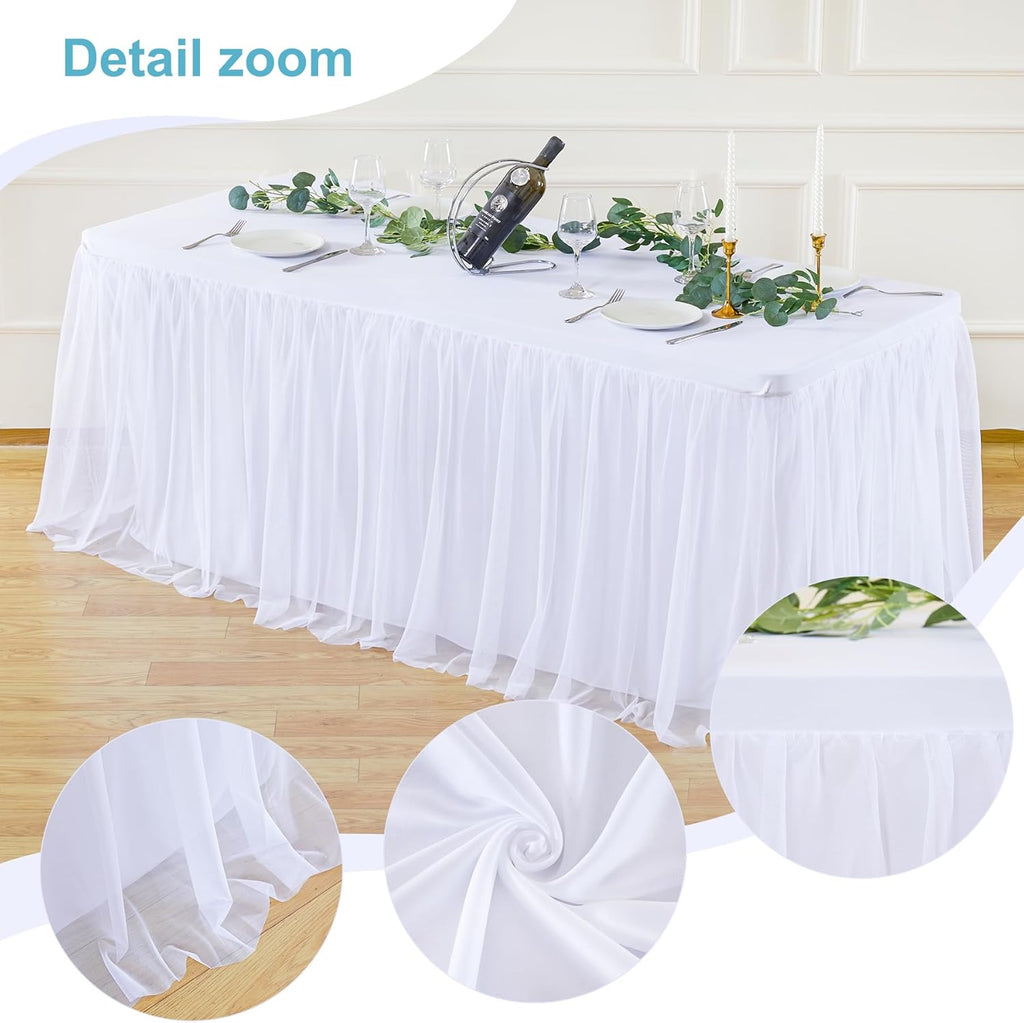 White Tulle Tablecloth 6 Foot Rectangle, Table Covers for 6 Foot White Tulle Tables Skirt Rectangle 6ft Wedding Table Cloths Party Baby Shower Banquet Fitted Elastic