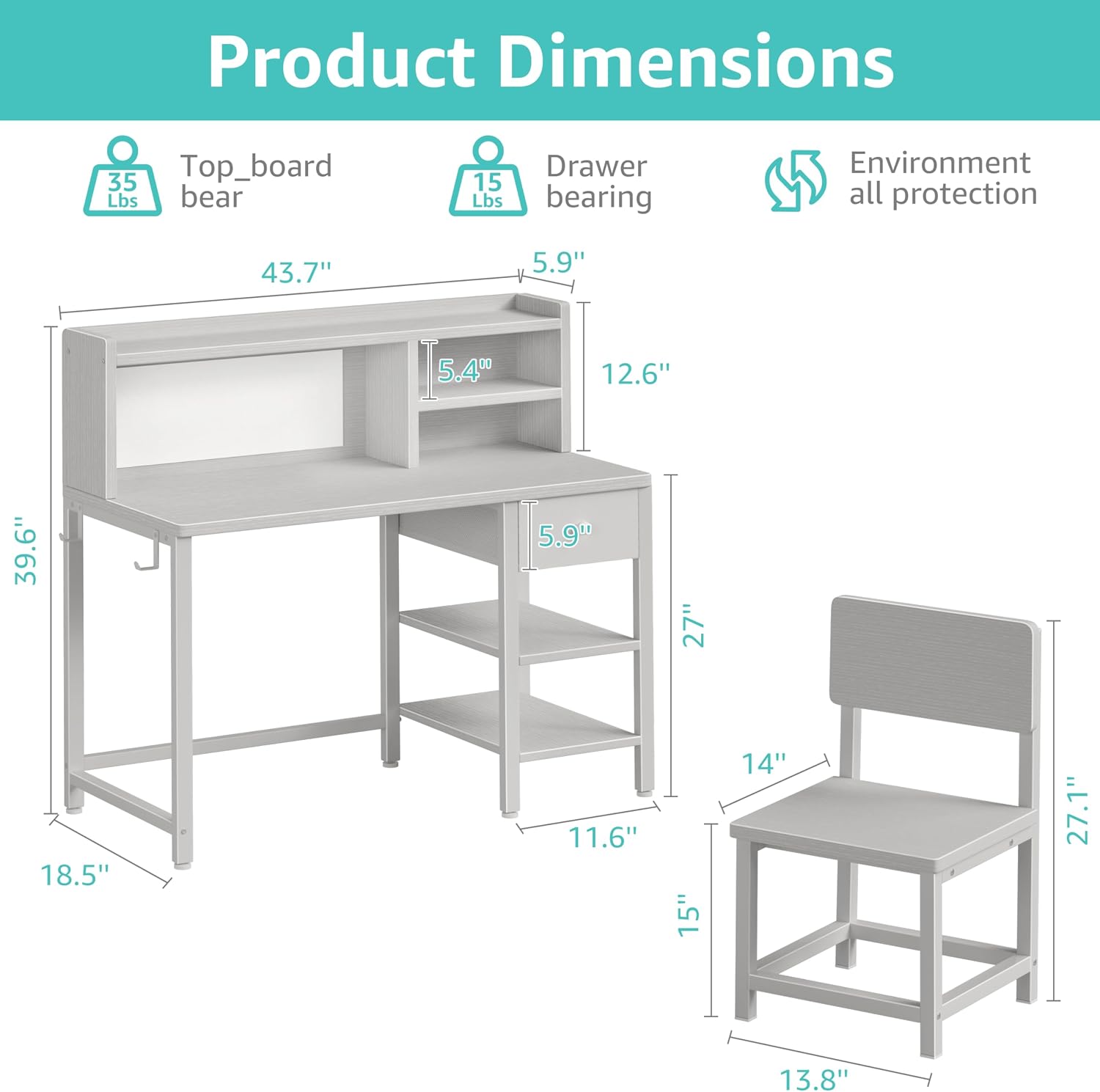 BOLUO Grey Kids Desk and Chair Set with Hutch and Storage Shelf for 6-12 Year Old, Children Study Desk, Student Writing Table with Fabric Drawer for Girls Boys