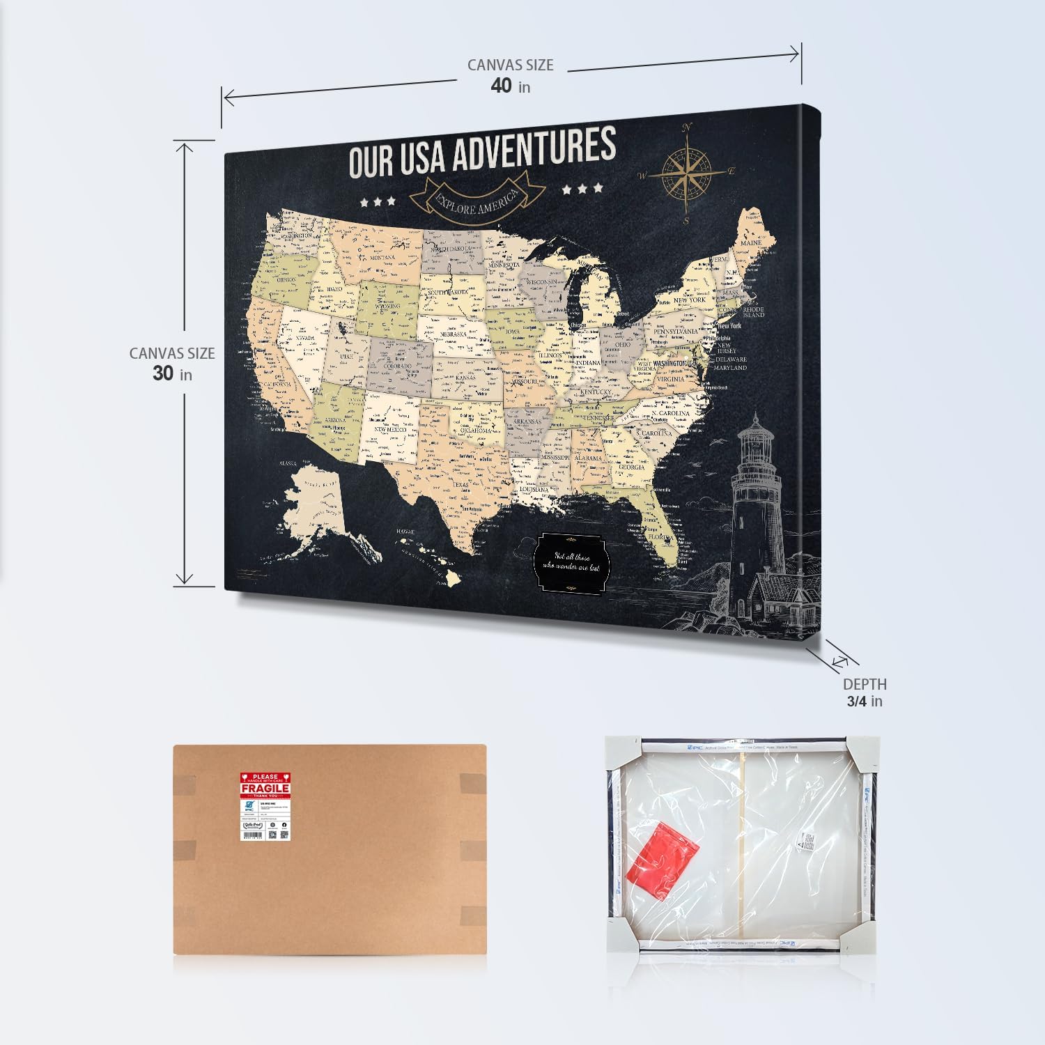 IPIC - Vintage USA Travel Map, Pin Board Canvas Wall Art, Travel Map with Pins Included, Ready to Hang for Home or Office, 40x30 Inch