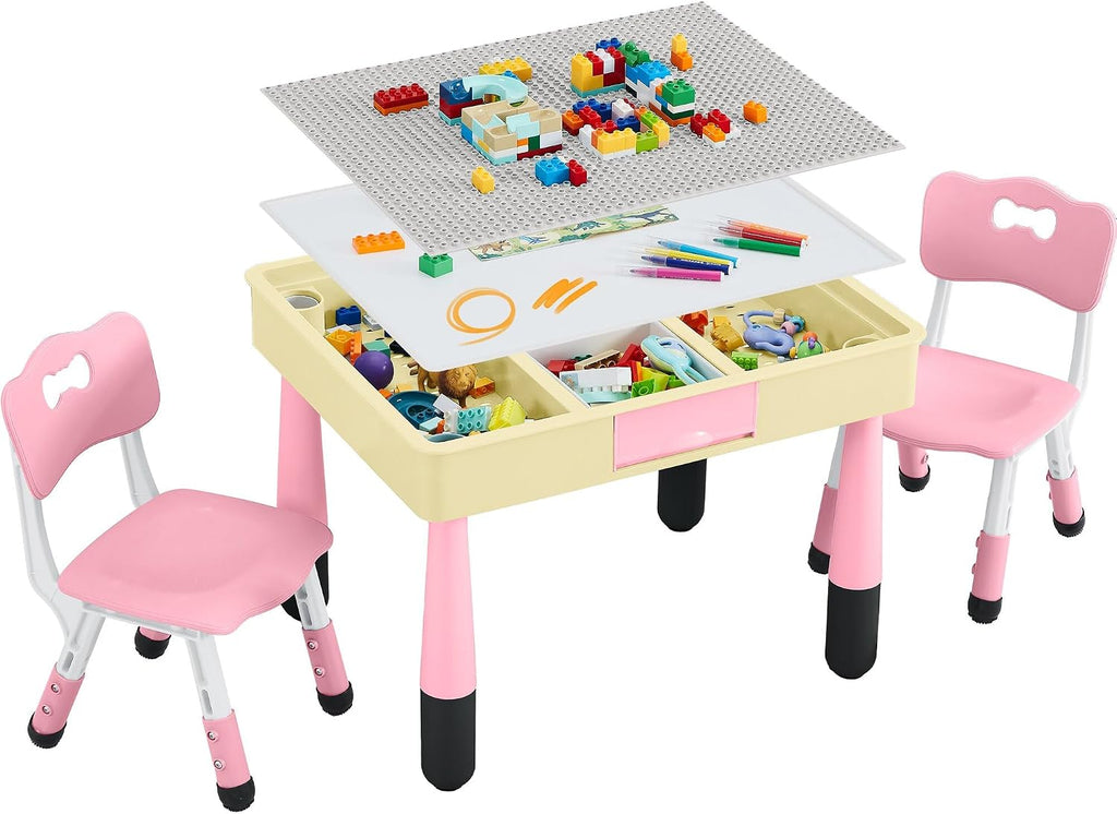 4 in 1 Kids Table and 2 Chairs Set, Toddler Table and Chair Set for Kids Ages 3-10, Activity Tables for Building Blocks/Drawing/Reading/Dining，Gift for Boy & Girl (Pink)