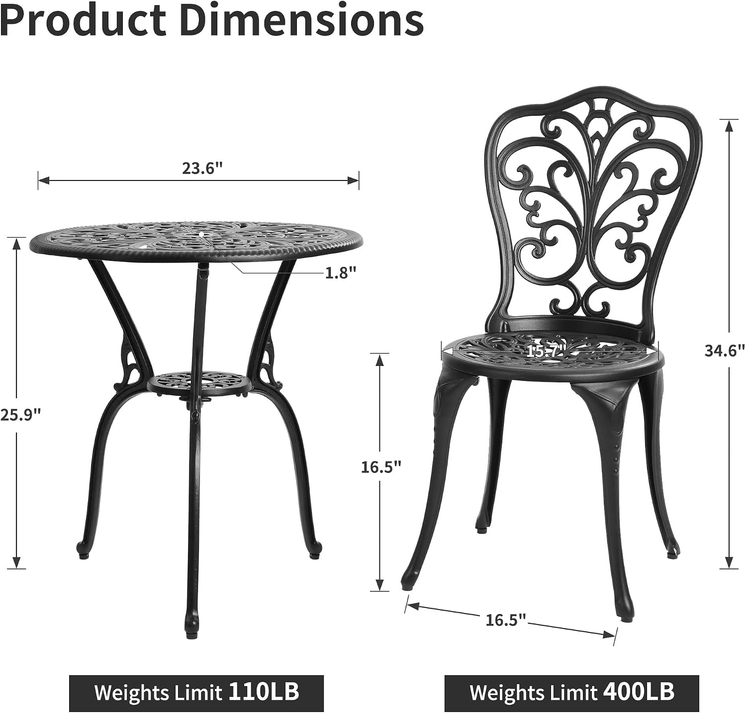 HOMEFUN Bistro Table and Chairs Set of 2 Outdoor 3 Piece Patio Set Butterfly Pattern Cast Aluminum Bistro for Garden Balcony, Durable Rust All-Weather Resistance (Black)