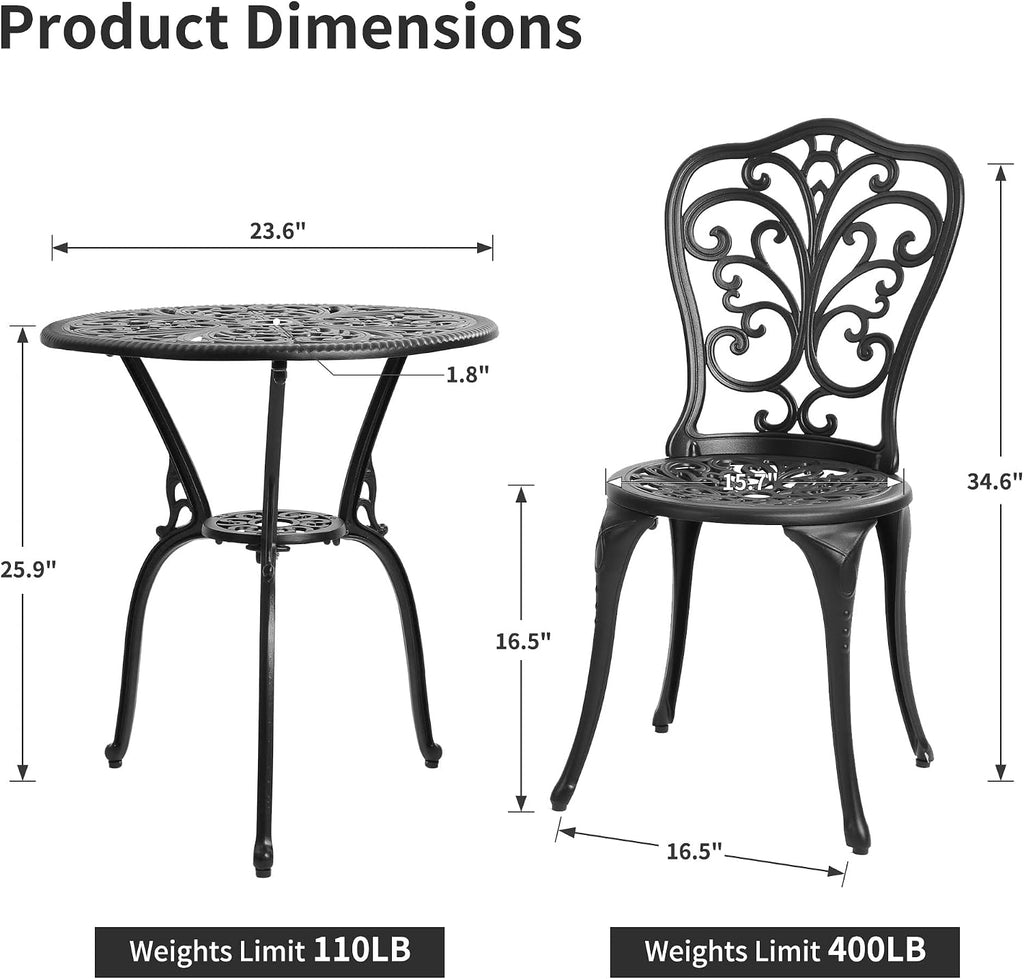 HOMEFUN Bistro Table and Chairs Set of 2 Outdoor 3 Piece Patio Set with Cushion Butterfly Pattern Cast Aluminum Bistro for Garden Balcony, Durable Rust All-Weather Resistance