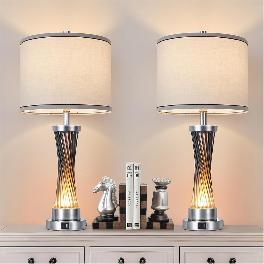 3-Way Dimmable Table Lamp Set of 2,Touch Control Lamp with Night Light,Modern Blue Crystal Table Lamps for Bedroom,Living Room，Bedside Lamps with USB A+C Ports，Fabric Lampshade(Blubs Included)